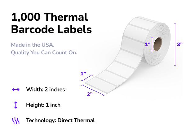 made in the usa 1000 thermal labels width height 2 inches 1 inches direct thermal