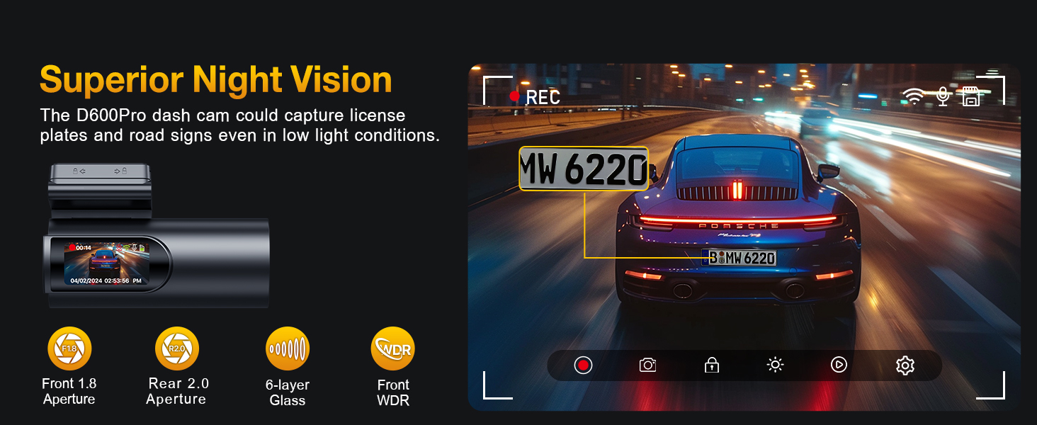 Dashboard camera interface displaying night vision recording mode with multiple function icons and live road footage in dark conditions.
