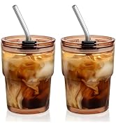 TUZAZO 13 Oz Glass Tumblers with Lids and Straws - 2 Pack Amber Glass Coffee Cups with Straws and...