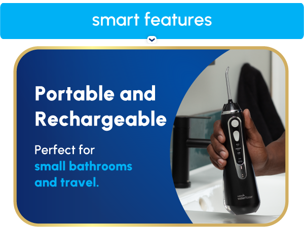 Image of Waterpik Cordless Advanced water flosser with text reading portable & rechargeable.