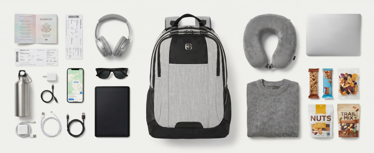 Flat-lay of a laptop backpack packed with a laptop, tablet, over-ear headphones, and a water bottle