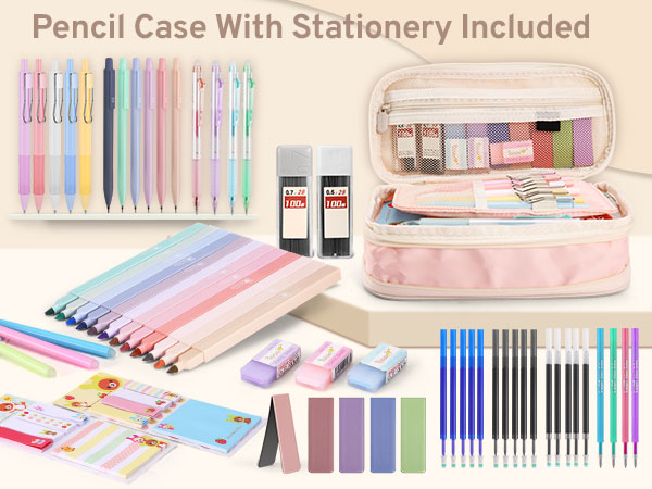 Stationery set featuring pastel pencil case with various writing tools, including colorful pens, pencils, highlighters, erasers, sticky notes, and pencil sharpeners. Case has multiple compartments for organization.