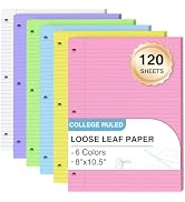120 Sheets Loose Leaf Paper 8 x 10.5, 6 Colors Lined Paper College Ruled, 3-Hole Punched Notebook...