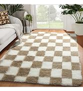 KICMOR Beige and Cream White Area Rugs for Bedroom Living Room, 4x6 Fluffy Shag Shaggy Fuzzy Chec...