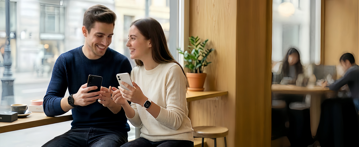Men and women using QTLLBT smart watches for android phones and iphone compatible devices.