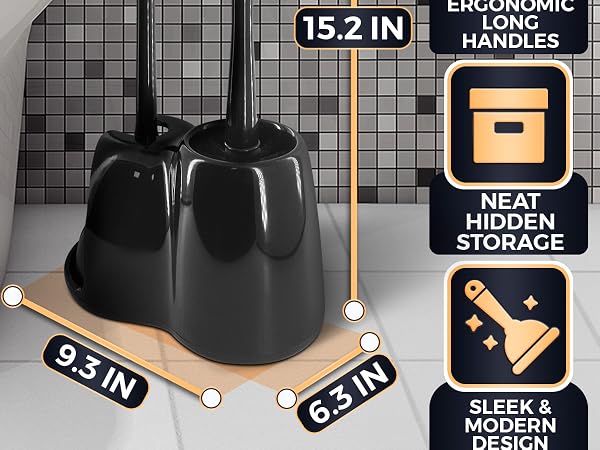 Black toilet wand and plunger set sits together in a low holder on a clean tiled bathroom floor