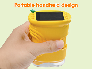 Text reads: 'Portable handheld design'. Yellow handheld device being demonstrated in use.