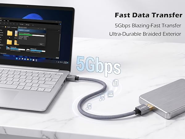 Braided USB-A cable transferring 1GB in 3 seconds to a hard drive.