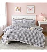 Holawakaka Ruffle Gingham Comforter Set Twin, Grey Ruffled Bow Plaid Bedding Set with Sheets, 5 P...