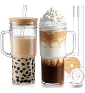 Glass Cups with Lids and Straws,24oz Mason Jar with Handle-DWTS Glass Tumbler with Straw and Lid,...