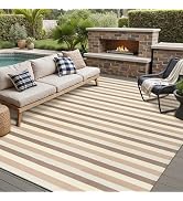 PureCozy Outdoor Waterproof Patio Rug 8x10 Plastic Straw Reversible Outside Brown Colorful Stripe...