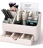 KINGFOM Leather Makeup Organizer with Drawer, Cosmetic Storage for Dresser Countertop and Bathroo...