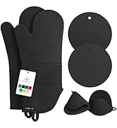 Rorecay Extra Long Oven Mitts and Pot Holders Sets: Heat Resistant Silicone Mittens with Mini Glo...