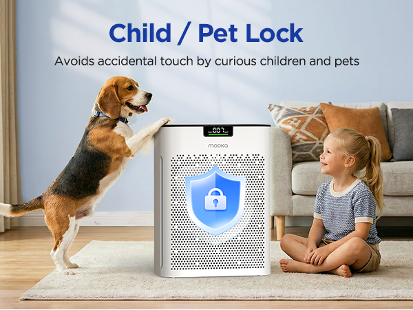 Safe air cleaner with child and pet lock to avoid accidental setting changes by toddlers and dogs