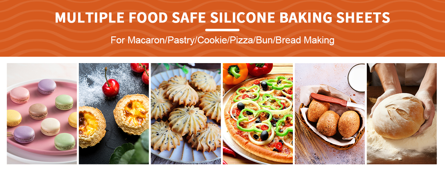 Collage of baked goods on silicone baking sheets, showing macarons, pies, pastries, pizza, and bread demonstrating versatile cooking applications.