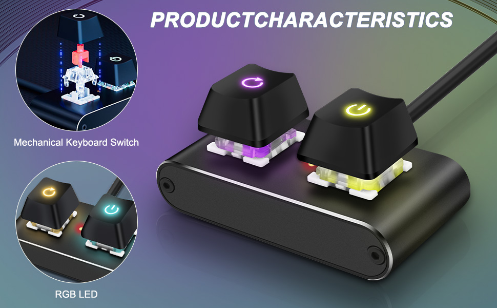Text reads 'PRODUCTCHARACTERISTICS'. Gaming keyboard features showing mechanical switches and RGB LED lighting in technical illustration.