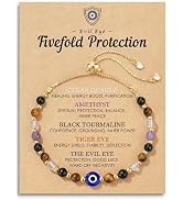 Evil Eye Dainty Bracelet - 14k Gold Plated Natural Crystal Protection Bracelet - 5 Healing Stones...