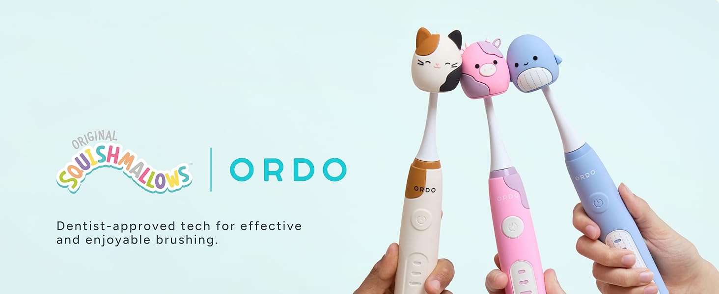Text reads 'ORDO'. Advertisement showing colorful plush toys with text about dental approval for effective oral hygiene branding.