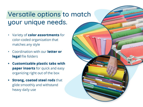 Hanging file folder descriptions with colorful images of folders