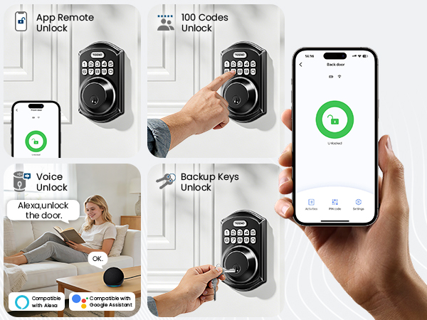 Supports 4 ways unlock, including APP remote unlock, password unlock, key unlock, and voice unlock