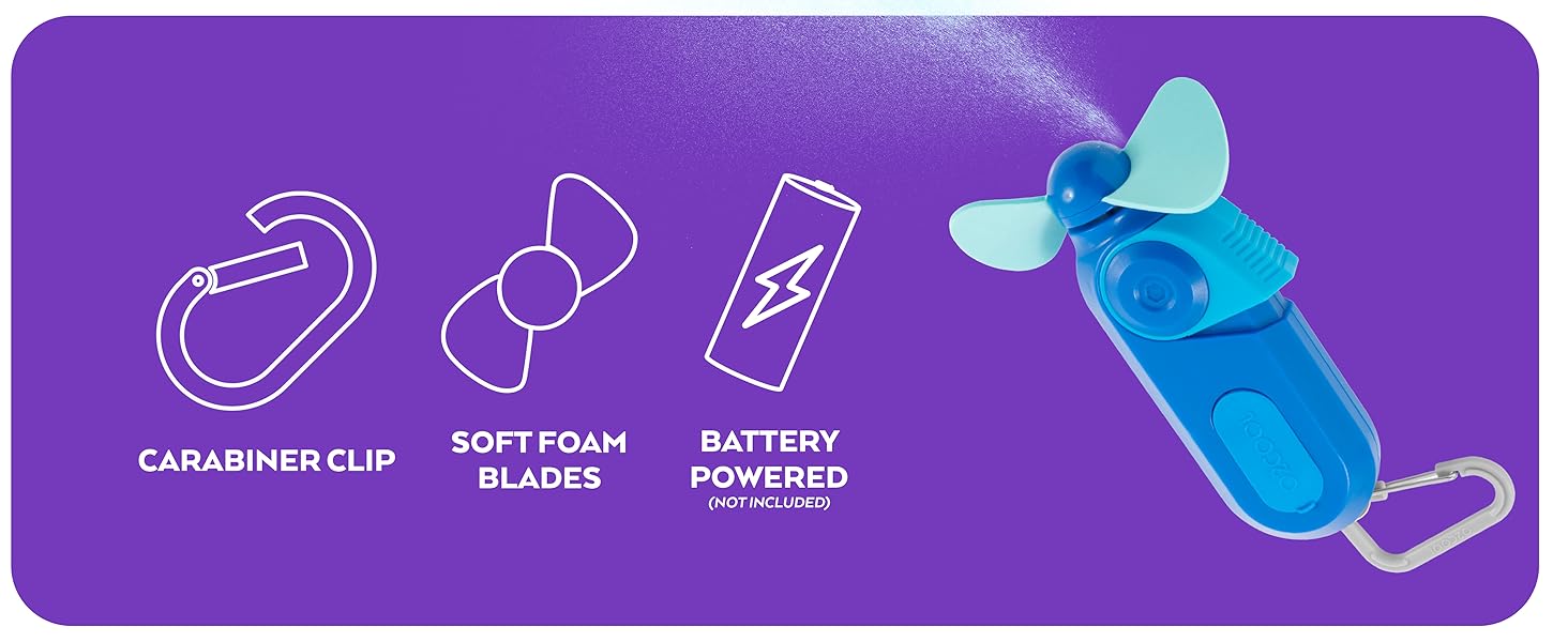 O2Cool Sport Carabiner Misting Fan Blue Misting on Purple Background