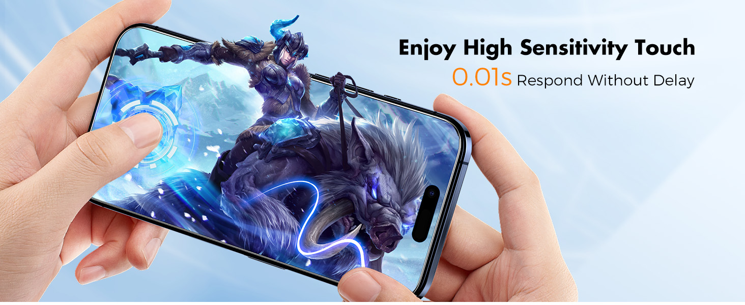 Hands holding a smartphone displaying a blue wolf image. Text overlay highlights 'High Sensitivity Touch' feature with '0.01s Response Without Delay'.