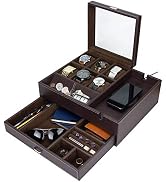 HOUNDSBAY Commander Dresser Valet Watch Box Case & Mens Jewelry Box Organizer with Smartphone Cha...