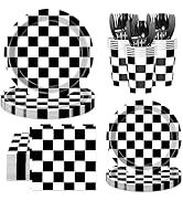 BCCSNNM 168 Pcs Race Car Birthday Party Decorations, Black and White Checkered Disposable Tablewa...