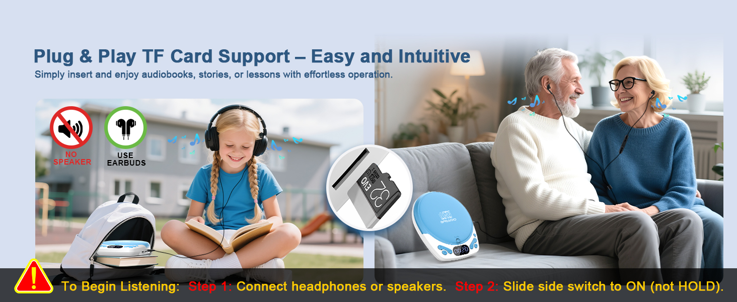 Text reads 'Plug & Play TF Card Support - Easy and intuitive' with additional text 'To toggle listening' 'Connect headphones or speakers' 'Slide side switch OK one (HOLD)'. Educational product for children shown with family using device.