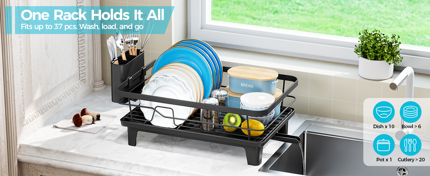 Text reads "One Rack Holds It All" with dish drying rack featuring blue frame and black components on kitchen counter, displaying stacked plates and utensils, with feature icons shown.