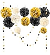NICROLANDEE Black Gold Party Decorations, 15 PCS Tissue Paper Pom Poms Kit for 2026 Graduation Pa...