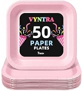 Vyntra Pink Square Paper Plates 7 Inch, 50 Count Disposable Dessert Plates, Small Paper Party Pla...