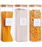 CZZGSM 3 Pack Square Glass Kitchen Storage Jars with Airtight Bamboo Lids and 132 Pantry Labels -...
