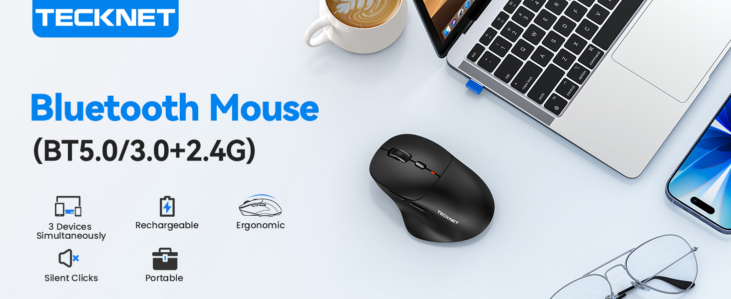 Text reads 'TECKNET' and 'Bluetooth Mouse (BT5.0/3.0+2.4G)'. Product interface showing wireless mouse features and connection options with laptop in background.
