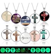 TXIN 10 Styles Glow in the Dark Christian Cross Glass Cabochons with Pendant Trays and Chains, Lu...