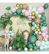 FunHot Pink and Green Balloon Arch, 104 Pcs Safari Balloon Garland Kit with Gold Retro Sage Green...