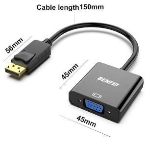 Text reads 'Cable length 150mm'. Black HDMI to VGA adapter with dimensions shown - 45mm width and cable length specifications labeled.