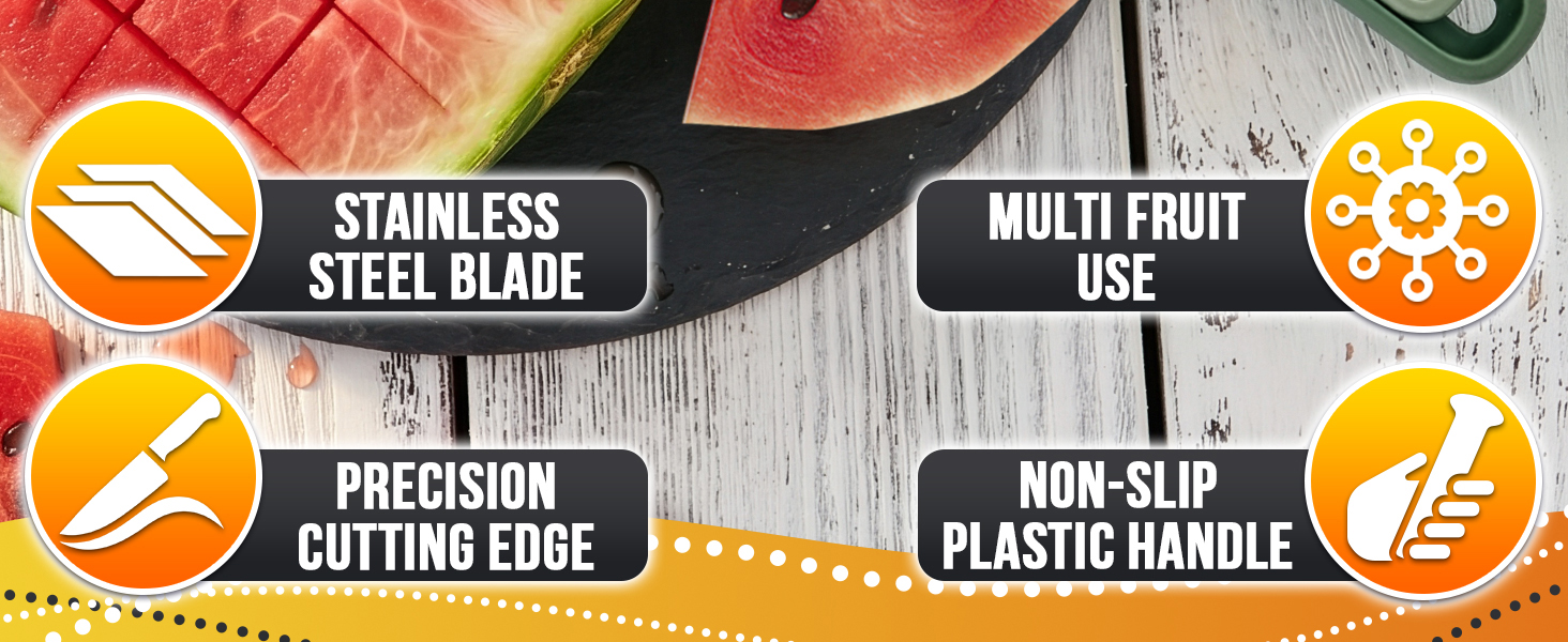Green handle of a fruit slicer handheld tool rests near a grid-scored melon edge and a wedge