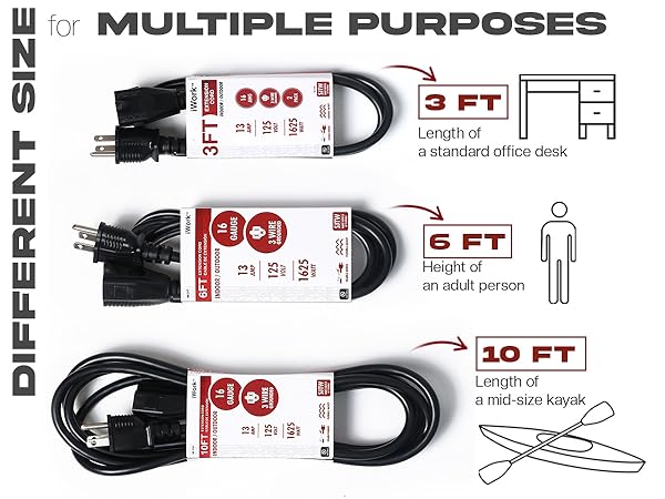 3ft 6ft 10ft extension cords heavy duty black 3 prong