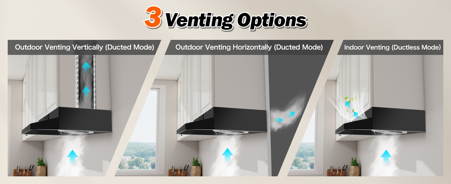Under cabinet range hood with 3 venting options