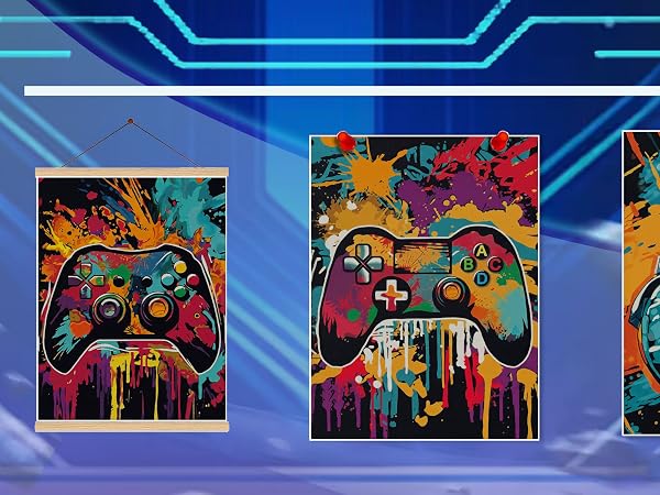 3Pcs Cool Gaming Wall Art Set, Retro Video Game Neon Gamepad Watercolor Canvas Prints for Boys Room