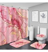 Nkzply 4Pcs Pink Marble Shower Curtain Set Gold Bathroom Sets with Rugs | Hot Pink Abstract Fabri...