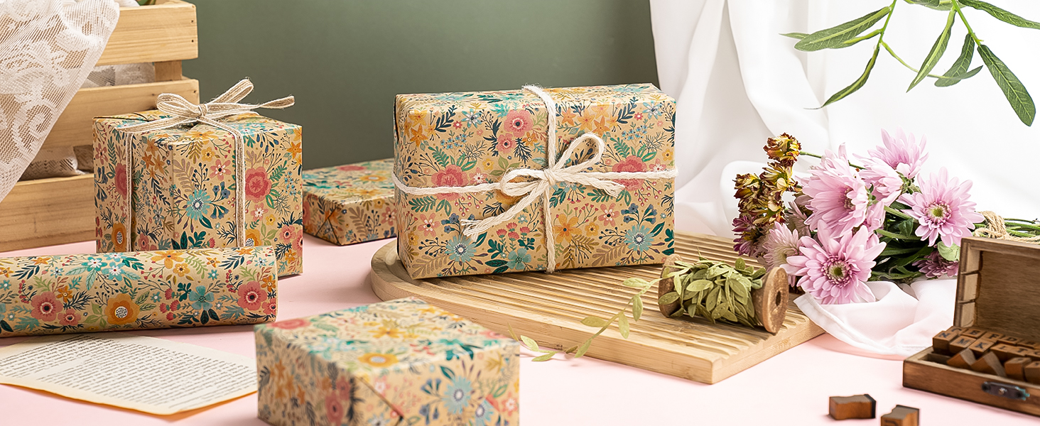 WRAPAHOLIC Kraft Floral Wrapping Paper