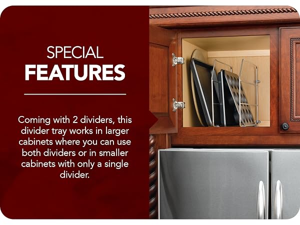 Image of Tray Dividers inside cabinet. Text reads: Special Features