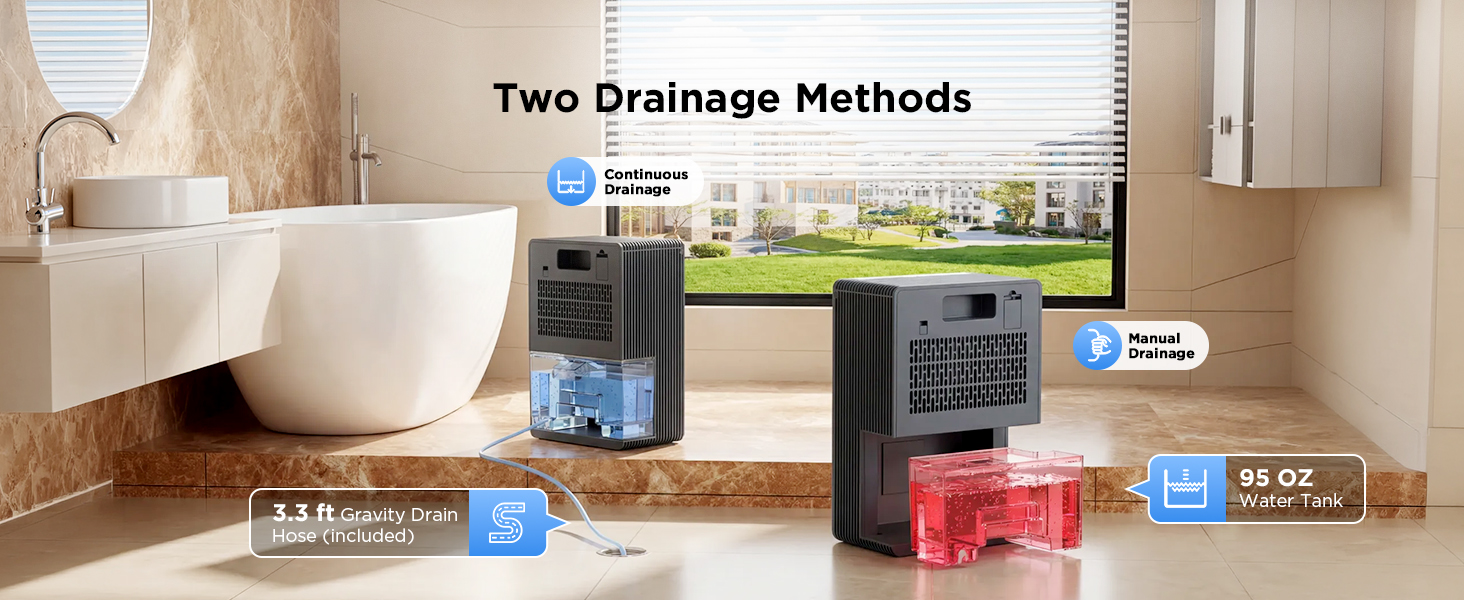 dehumidifier with 95 oz water tank and 3.3ft drain hose continuous gravity drainage