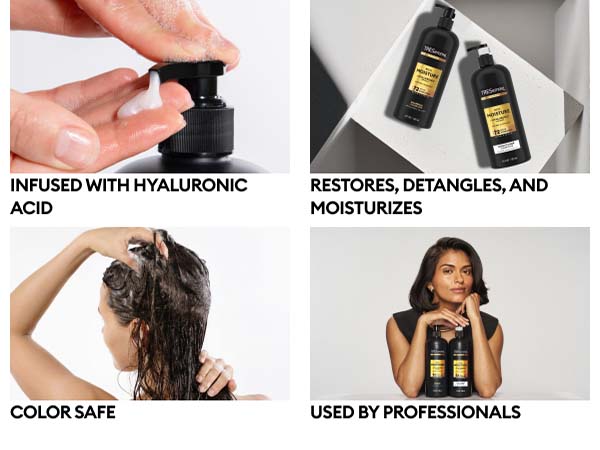 4 images: hand pumping bottle, 2 bottles, woman washing her hair, woman with products.