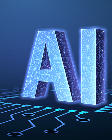 Glowing blue 3D letters 'AI' with interconnected lines, displayed on a dark background with circuit-like patterns.