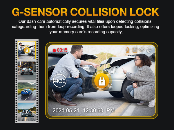 Dashboard camera interface showing G-sensor collision lock feature with crash detection capability and memory card optimization functions.