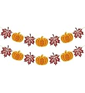 jijAcraft Thanksgiving Pumpkin Banner – 2pcs Pumpkin and Maple Leaf Banner, Pre-Strung Fall Garla...