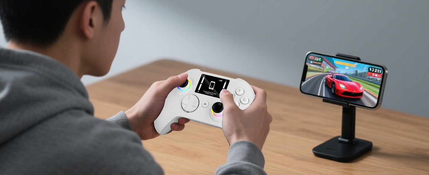 one person happy playing on mobile phone with remote controller